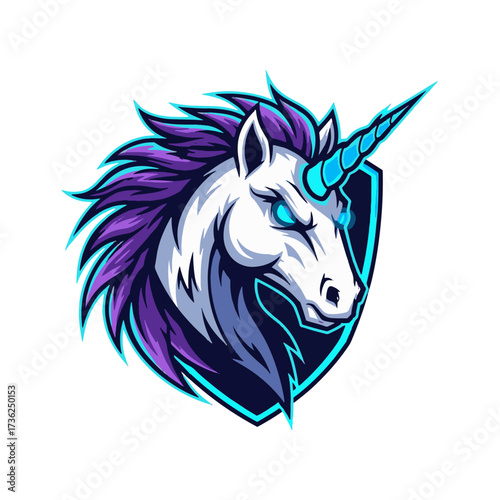Majestic unicorn head mascot logo with glowing blue horn and fierce purple mane for fantasy gaming and esports branding, embodying power and magic with a futuristic edge