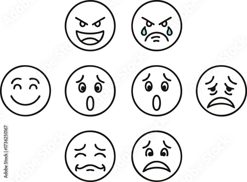 Illustration of seven different facial expressions depicting various emotions in a simple, line-art style.