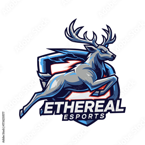 Dynamic leaping deer mascot logo with glowing eyes, perfect for esports teams and gaming channels seeking a fierce, memorable brand, representing strength, agility, and ethereal power