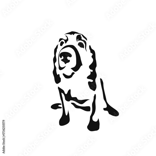 Vector drawing of a dog. Black and white gestalt design of a funny pet. Little doggy. Cute animal illustration. Postcard for International Dog Day	
