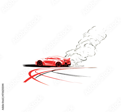A powerful car performs a drift on an empty racetrack, leaving a cloud of tire smoke and distinct tire marks on the pavement. The scene captures the thrill of motorsport.