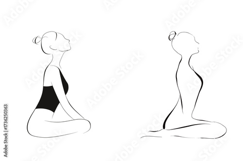 This artwork features two elegant line drawings of a woman practicing yoga. The poses depict relaxation, balance, and inner peace, showcasing harmony in movement and posture.