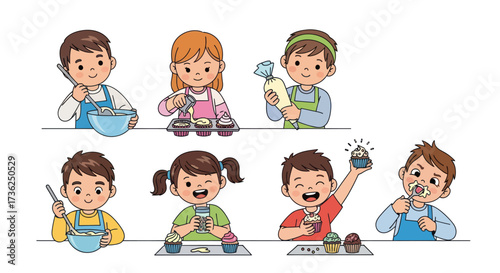 Diverse group of children happily decorating cupcakes in a baking class.