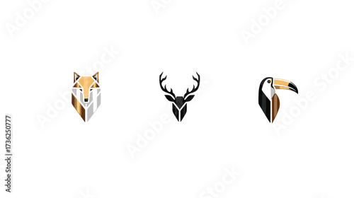 Geometric animal head illustrations set: abstract polygonal fox, deer, and toucan designs for modern branding and wildlife concepts
