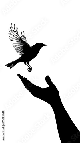 Striking black silhouette of a bird taking flight from an open human hand on white, symbolizing freedom, hope, and release.