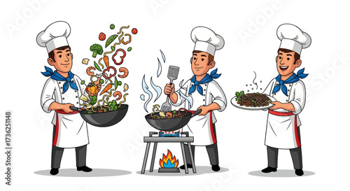 Three Cartoon Chefs Cooking with Woks and Serving Food.