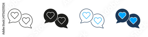 Two Speech Bubbles With Hearts Line And Solid Icon Set. Romantic Communication, Love Messaging, Relationship Chat Symbol Collection. Social Interaction And Connection. Isolated Vector Illustration