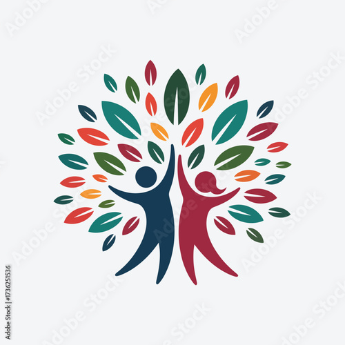 Vector art of two people forming a tree with colorful leaves, symbolizing growth, community, and environmental awareness