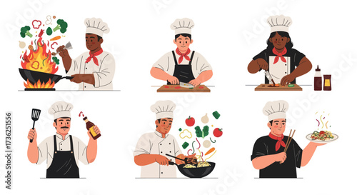Diverse Chefs Cooking Various Dishes in Kitchen Scenes.