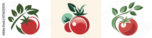 Three stylish tomato designs display bright red tomatoes alongside green leaves, highlighting the freshness and beauty of garden produce in a modern artistic style.