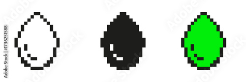 Pixel Art Teardrop Icon Set. Rounded Drop Symbols In Pixelated Style. Includes White, Black, And Green Variations. Isolated Vector Illustration