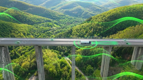 Aerial Drone View of Self-Driving Semi Truck with Cargo Trailer on Highway Bridge Futuristic Autonomous Vehicle with AI, GPS, Sensors, Logistic Technology, Automated Transport and Digital