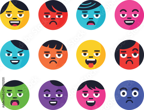 Twelve colorful circular faces displaying various emotions, including happiness, anger, sadness, surprise, and confusion, arranged in a grid.