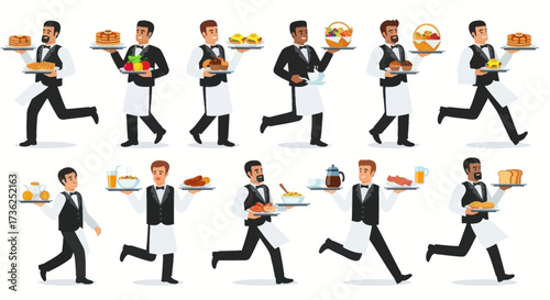 Group of Waiters Running with Food Trays Serving Meals Quickly.
