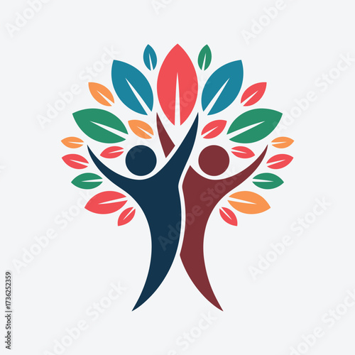 Vector art of two stylized figures form the trunk of a tree with colorful leaves, symbolizing growth and community
