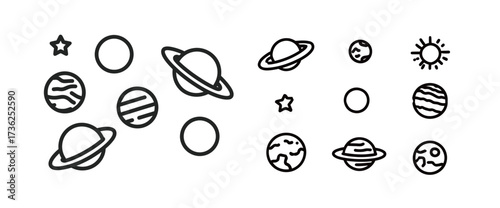 Various hand-drawn planets, including rings and stripes, are surrounded by stars and a sun. The design highlights creativity and imagination in an outer space theme.