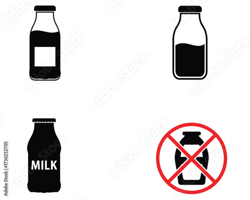 Collection of four black and white silhouette icons representing milk bottles with various labels and a prohibition sign