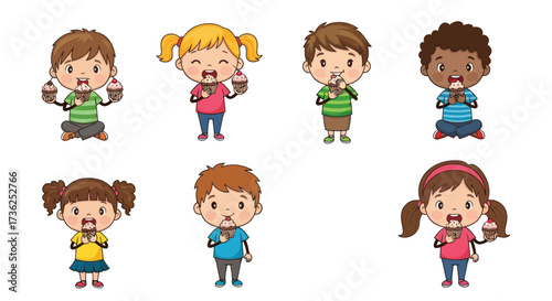 Diverse Group of Happy Cartoon Children Enjoying Sweets and Snacks.