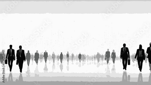 Silhouettes of a diverse crowd of business professionals walking in a long line, abstract illustration of corporate life, workforce, and unity.