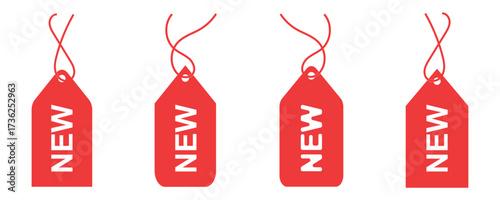 New product labels. Red stickers with "New" labels in price tag, circular badges and spark shape frames for sale, special offer and new arrival promotion.
