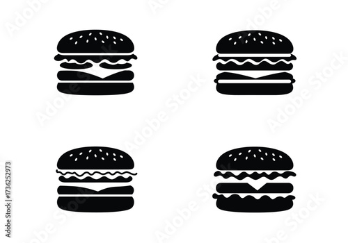 Four stylized black silhouette icons of delicious cheeseburgers with layered ingredients on a clean white background