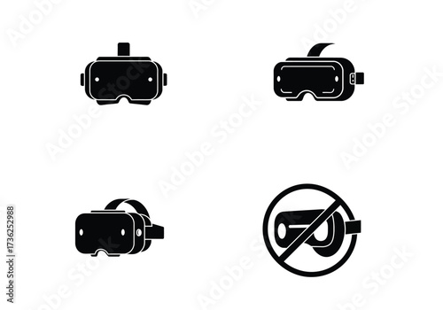Collection of four black virtual reality headset icons showcasing different perspectives and a prohibition symbol for vr