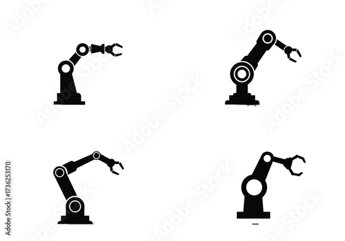 Collection of four distinct black industrial robotic arms depicted as simple silhouette icons on a clean white background
