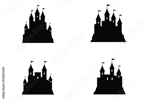Collection of four black silhouette fairytale castles with flags on white background vector illustration