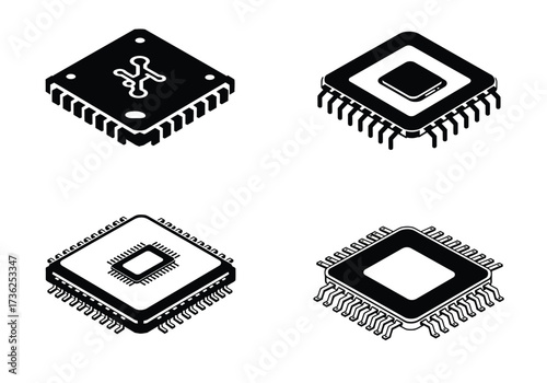 Four isometric black and white illustrations of computer microprocessors or central processing units with visible pins and intricate details