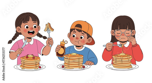 Three happy and diverse children enjoying a delicious breakfast of fluffy pancakes with syrup.