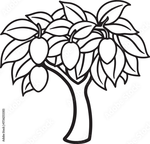 mango tree line art, coloring book page line art drawing, vector and illustration