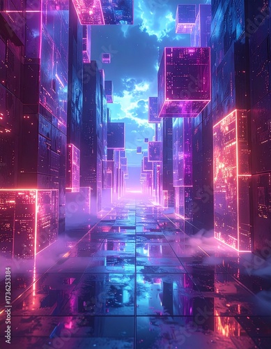 Wallpaper Mural Futuristic landscape with glowing cubes and bright reflections on grou Torontodigital.ca