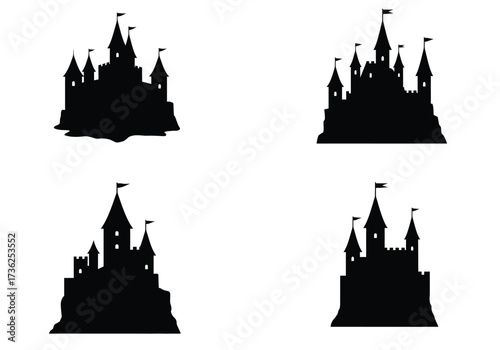 Four distinct silhouette illustrations of fairytale castles with flags on turrets against a clean white background