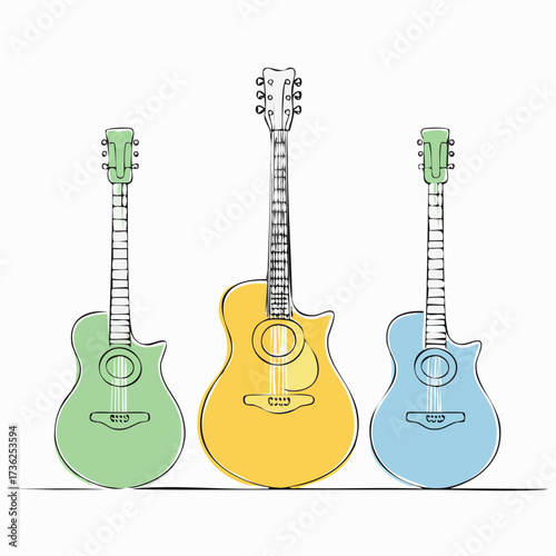  one line drawing and continue for colorful acoustic guitar Set sketch