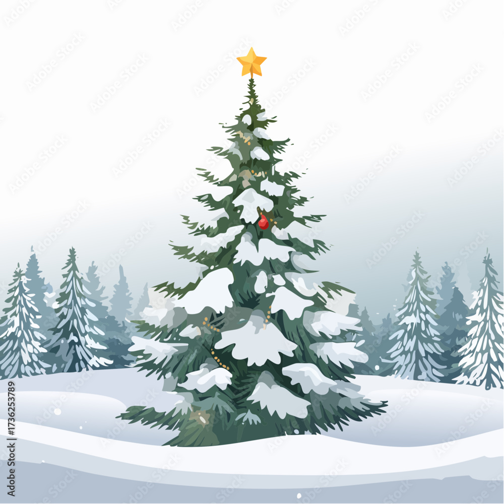 Obraz premium Christmas tree in snowy winter landscape.