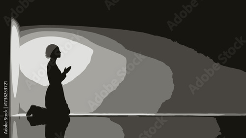 Silhouette of a person in prayer with head covering, bathed in spiritual light, symbolizing faith, devotion, and quiet contemplation.