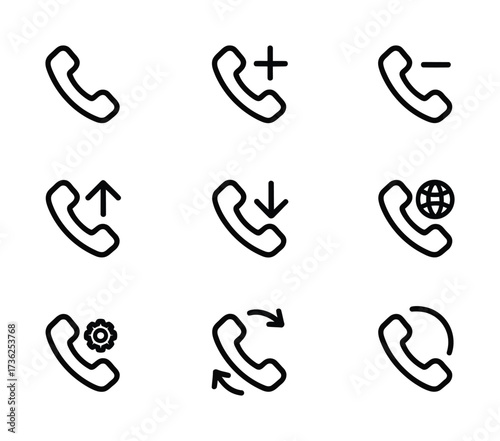 Phone Call Actions, Add Remove, Incoming Outgoing, Global Communication Line Icons Set