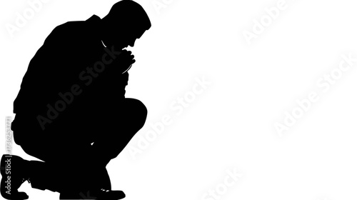 Black silhouette of a person kneeling, symbolizing devotion, contemplation, prayer, humility, or distress, on a white background.