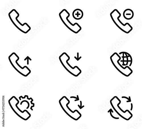 Phone Call Actions, Incoming Outgoing, Settings, Global Communication Line Icons Set