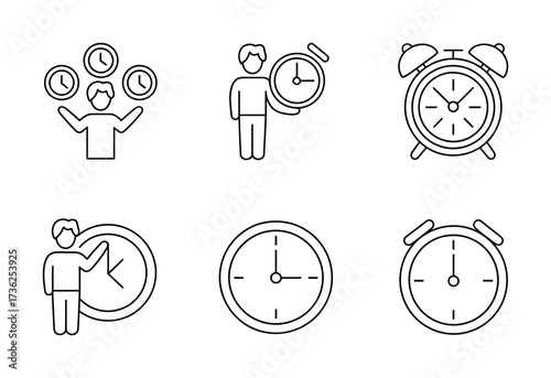 Time, Clock, Alarm, Productivity, Schedule, Time Management Line Icons Set