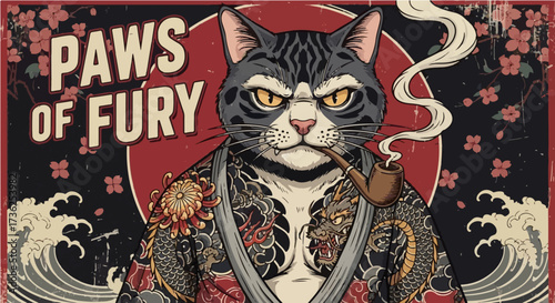 Dapper "Paws of Fury" Cat with Pipe and Tattooed Arms - Vintage Style