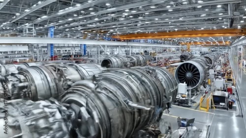 An expansive view of an aircraft engine assembly plant, showcasing intricate machinery and industrial processes.