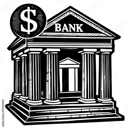 Modern financial institution architecture illustration with a prominent golden dollar currency symbol representing wealth investment and economic prosperity perfect for business and finance themes