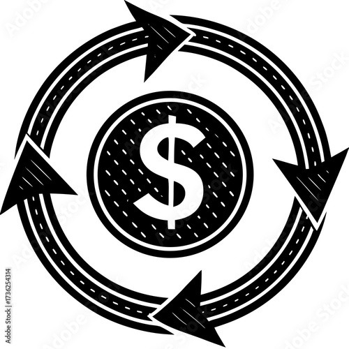 Conceptual graphic illustrating currency exchange with a circular arrow and a prominent dollar symbol symbolizing financial transactions and global monetary movement