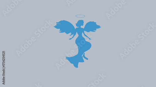 Elegant blue angel silhouette vector with a glowing halo and majestic wings, symbolizing spirituality, peace, and divine grace.