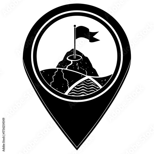 Global map silhouette featuring a prominent location pin marker positioned directly over a continent symbolizing travel navigation and geographical discovery