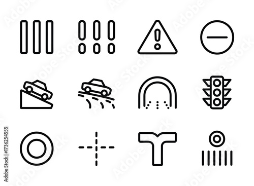 Traffic Control & Road Safety Line Icons - Stop Sign, Warning Triangle, Traffic Light, Speed Bump, Lane Markings, Roundabout for Driving Apps, Education & Smart City UI