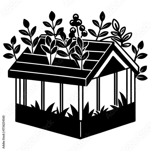 Vibrant green rooftop garden illustration showcasing lush plants and vegetation flourishing on a modern urban building s roof creating a sustainable and ecological cityscape