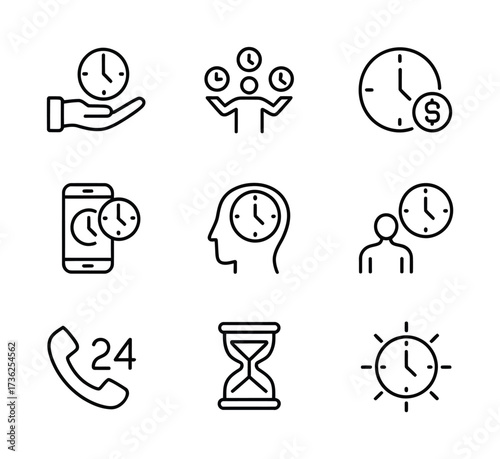 Time as Value & Human Interaction Line Icons - Hand Holding Clock, People with Clocks, Time + Money, Smartphone Timer, Hourglass, Sun Clock for Business, HR & Productivity UI