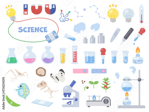 理科で使うかわいい実験道具と生き物のイラスト素材セット